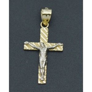 Real 10K Solid Yellow White Gold 23.7mm Two-Tone Charm Jesus Crucifix Pendant